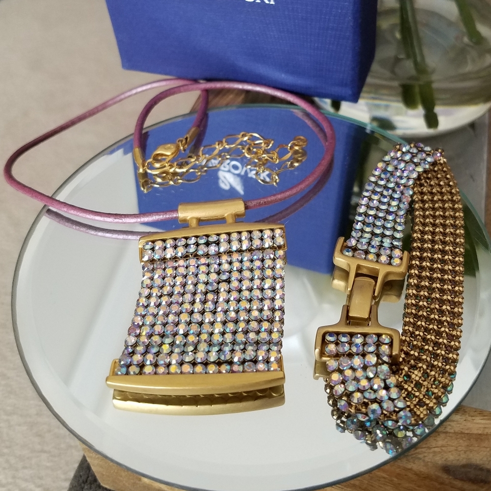 AUTHENTIC RARE Vintage Swarovski Mesh Aurora Borealis SET Necklace & Bracelet - Picture 13 of 17